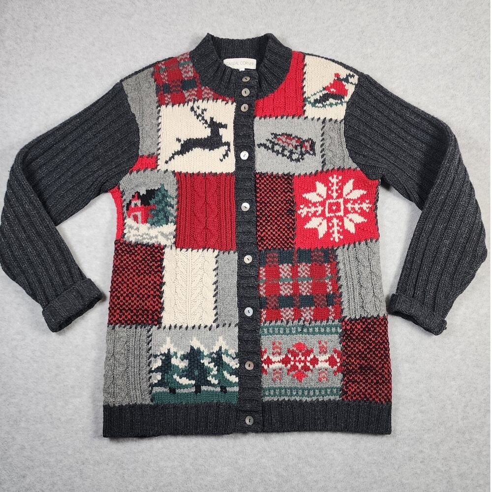 Casual Corner VTG 100% Lambswool Christmas Knit Button Up‎ Cardigan Sweater Sz S